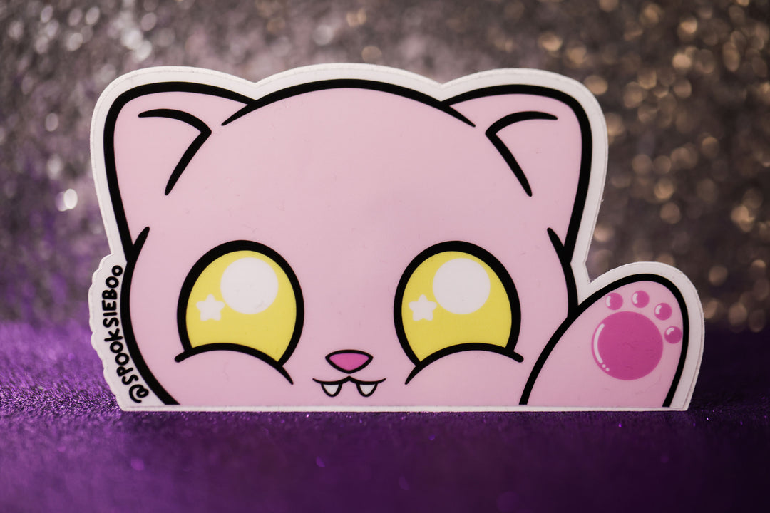 Black cute bat kitty enamel pin with pink glitter heart and purple eyes
